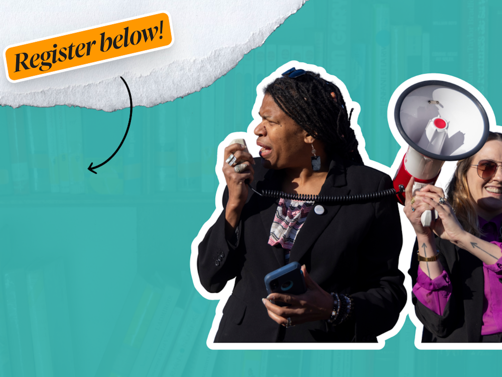 Two women using a megaphone on an orange background